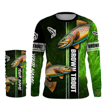 Load image into Gallery viewer, Brown trout fishing green camo Custom Long Sleeve Fishing Shirts, fishing gifts for men, women, kid NQS5808