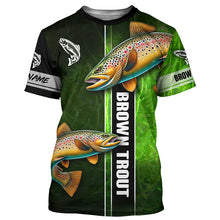 Load image into Gallery viewer, Brown trout fishing green camo Custom Long Sleeve Fishing Shirts, fishing gifts for men, women, kid NQS5808