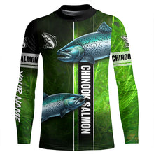 Load image into Gallery viewer, Chinook salmon fishing green camo Custom Long Sleeve Fishing Shirts, fishing gifts for men, women, kid NQS5809