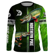 Load image into Gallery viewer, Northern Pike fishing green camo Custom Long Sleeve Fishing Shirts, fishing gifts for men, women, kid NQS5810