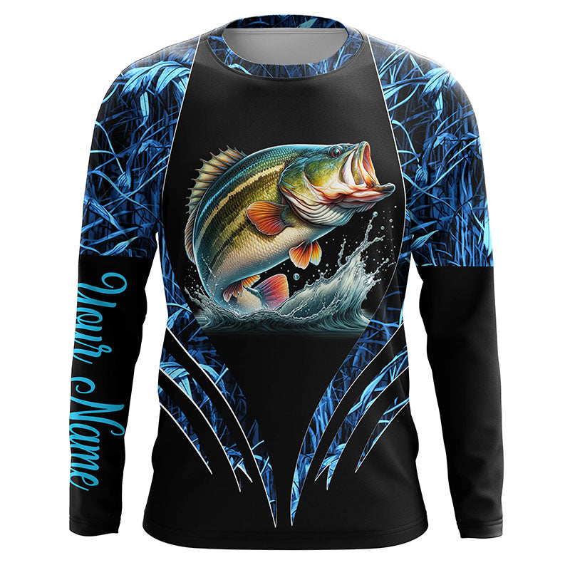 Largemouth bass fishing blue camo custom 3D All Over Printed Fishing Shirts, Bass fishing apparel NQS7898