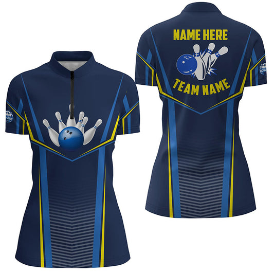Bowling Quarter Zip shirts for women custom bowling ball pins, Bowling Team League Shirt | Blue NQS6210