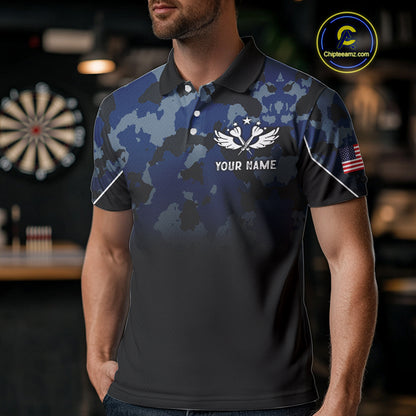 Black and Blue Camo Men Darts Shirts Custom American Flag patriotic Team Darts Jersey NQS11120