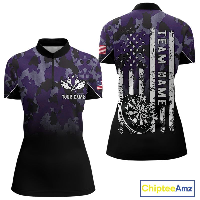 Black and Purple Camo Women Darts Shirts Custom American Flag patriotic Team Darts Jersey NQS11121