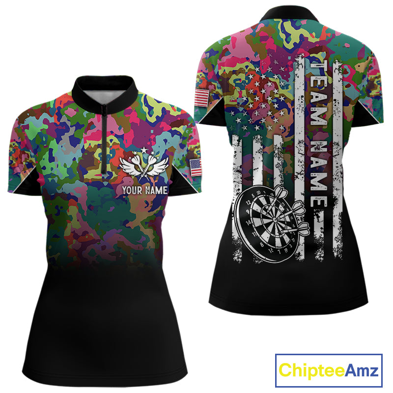 Black and Colorful Camo Women Darts Shirts Custom American Flag patriotic Team Darts Jersey NQS11122