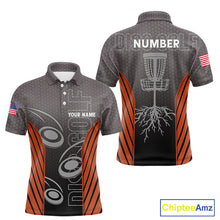 Load image into Gallery viewer, Mens disc golf polo shirt custom name, number camo disc golf jersey, mens disc golf apparel | Orange NQS11125