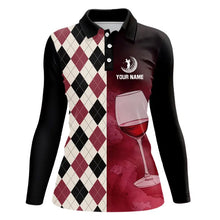 Load image into Gallery viewer, Black and red wine argyle pattern Womens golf polos shirts custom golf shirts for ladies NQS9258