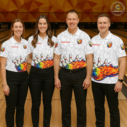 Colorful rainbow flame Bowling Polo, 1/4 zip Shirt For Men Custom white camo Bowling Team jerseys NQS11319