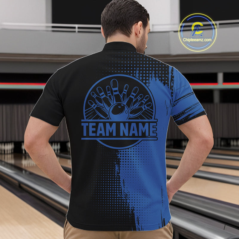 Black and Blue Bowling Polo, Quarter Zip Shirt For Men Custom Team Bowling jerseys NQS11320