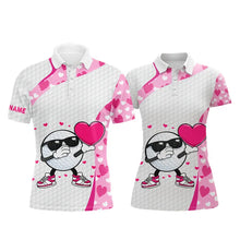 Load image into Gallery viewer, Personalized funny golf ball pink heart pattern matching golf polo shirts for couples, Valentine gift NQS11324