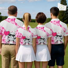 Load image into Gallery viewer, Personalized funny golf ball pink heart pattern white Mens golf polo shirts, Valentine golf gifts NQS11324