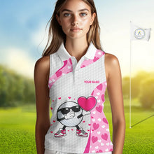 Load image into Gallery viewer, Personalized funny golf ball pink heart pattern white Sleeveless Golf Polo Shirt, Valentine golf gift NQS11324