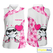 Load image into Gallery viewer, Personalized funny golf ball pink heart pattern white Sleeveless Golf Polo Shirt, Valentine golf gift NQS11324