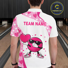 Load image into Gallery viewer, Personalized funny bowling ball pink heart pattern white Mens bowling shirts, Valentine bowling gifts NQS11325