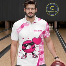 Load image into Gallery viewer, Personalized funny bowling ball pink heart pattern white Mens bowling shirts, Valentine bowling gifts NQS11325