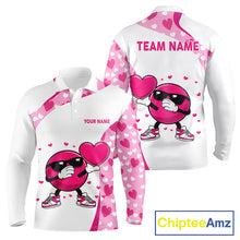 Load image into Gallery viewer, Personalized funny bowling ball pink heart pattern white Mens bowling shirts, Valentine bowling gifts NQS11325