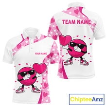 Load image into Gallery viewer, Personalized funny bowling ball pink heart pattern white Mens bowling shirts, Valentine bowling gifts NQS11325