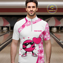 Load image into Gallery viewer, Personalized funny bowling ball pink heart pattern white Mens bowling shirts, Valentine bowling gifts NQS11325