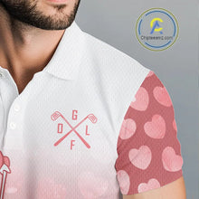 Load image into Gallery viewer, Personalized pink heart pattern white Mens golf polo shirts, custom Valentine golf gifts for him NQS11326