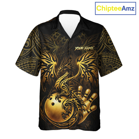 Custom Black And Gold tribal Dragon Bowling Hawaiian Shirt, Dragon Bowling Team Shirts Uniform NQS11534