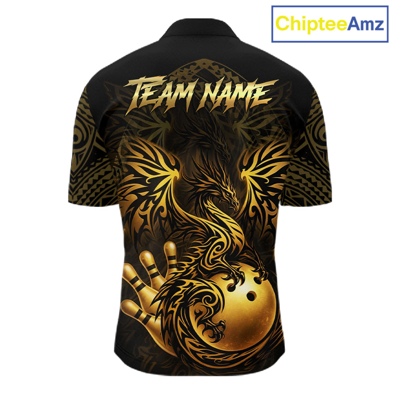 Custom Black And Gold tribal Dragon Bowling Shirts For Men, Dragon Bowling Team Shirts Uniform NQS11534