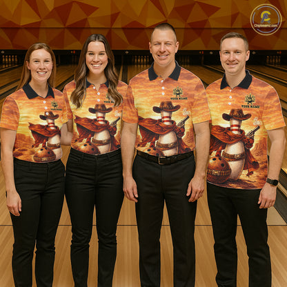 Custom Funny Desert Bowling Cowboy gun bowling team shirts For Men, Bowling Polo, 1/4 zip jerseys NQS11536