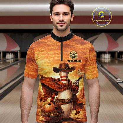Custom Funny Desert Bowling Cowboy gun bowling team shirts For Men, Bowling Polo, 1/4 zip jerseys NQS11536