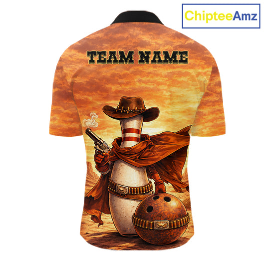 Custom Funny Desert Bowling Cowboy gun bowling team shirts For Men, Bowling Polo, 1/4 zip jerseys NQS11536