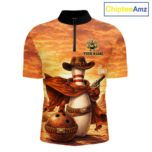 Custom Funny Desert Bowling Cowboy gun bowling team shirts For Men, Bowling Polo, 1/4 zip jerseys NQS11536