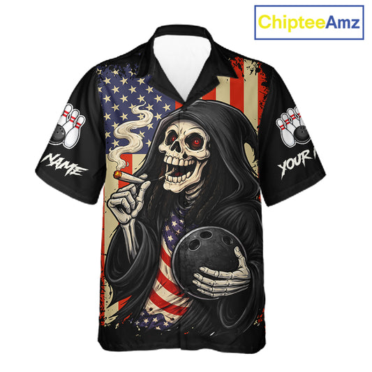 Custom American Flag Skull Bowling button-up shirts, patriotic team Bowling jerseys gift for bowlers NQS11538