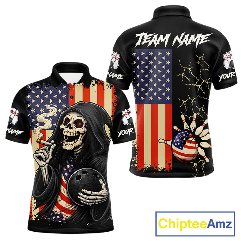 Custom American Flag Skull Bowling shirts For Men, patriotic team Bowling jerseys gift for bowlers NQS11538