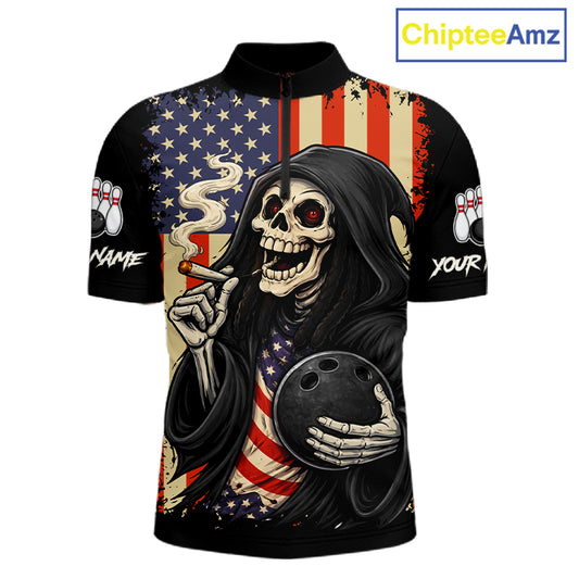 Custom American Flag Skull Bowling shirts For Men, patriotic team Bowling jerseys gift for bowlers NQS11538