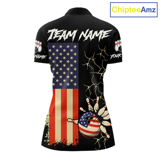 Custom American Flag Skull Bowling shirts For Women, patriotic team Bowling jerseys gift for bowlers NQS11538