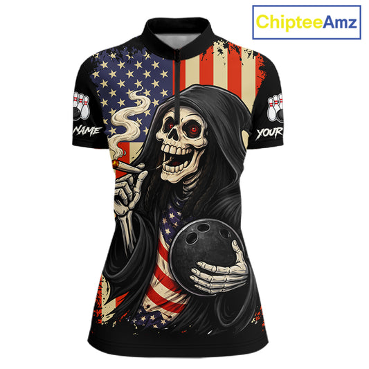 Custom American Flag Skull Bowling shirts For Women, patriotic team Bowling jerseys gift for bowlers NQS11538