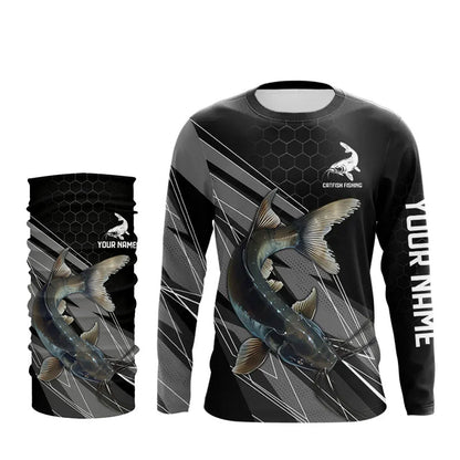 Personalized Black camo Catfish Fishing Jerseys, Catfish Long Sleeve Fishing Tournament Shirts NQS9750