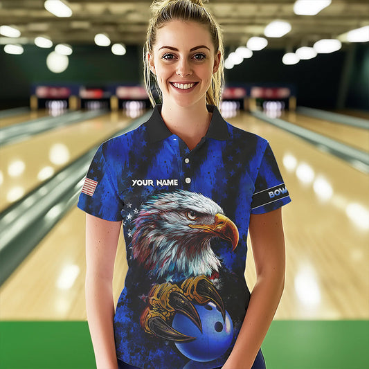 American Flag Eagle Women Bowling Polo, 1/4 Zip Shirt Custom Name Patriotic Bowling Team Jersey | Blue NQS9755