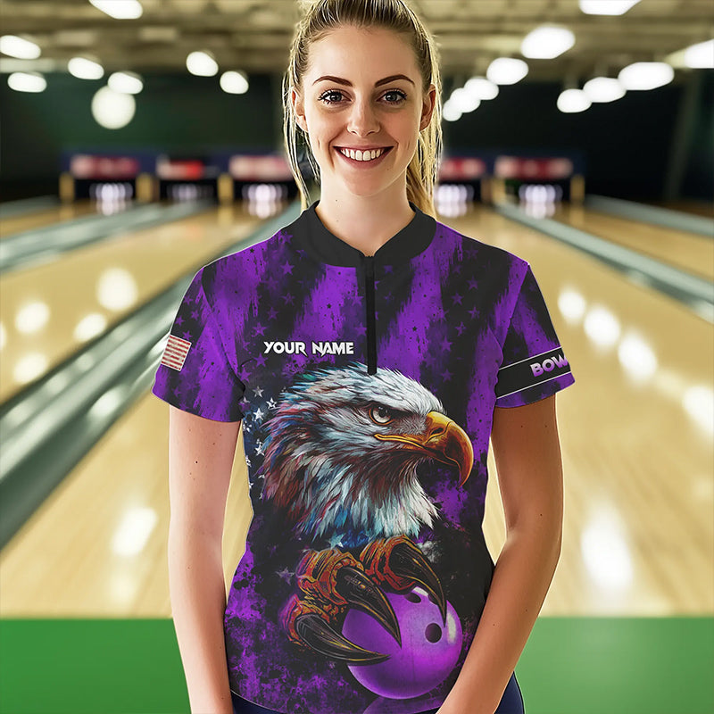 American Flag Eagle Women Bowling Polo, 1/4 Zip Shirt Custom Patriotic Bowling Team Jersey | Purple NQS9756