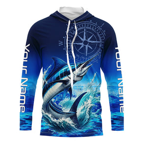 Personalized Marlin Blue Long Sleeve Performance Fishing Shirts, Marlin compass tournament Shirts NQS5816