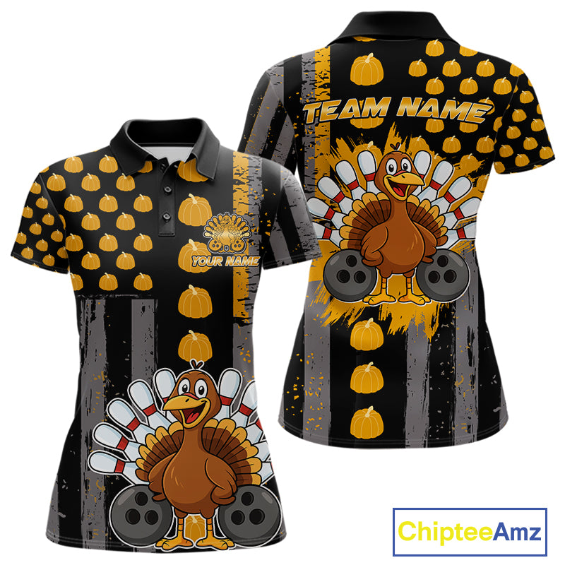 Funny Bowling Shirts For Women Pumpkin American Flag Turkey Thanksgiving Custom turkey bowl shirts NQS10943