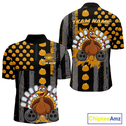 Funny Bowling Shirts For Men Pumpkin American Flag Turkey Thanksgiving Custom Team turkey bowl shirts NQS10943