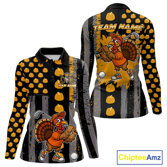 Funny Golf Polo Shirts For Women Custom Pumpkin American Flag Turkey Thanksgiving golf shirt NQS10944