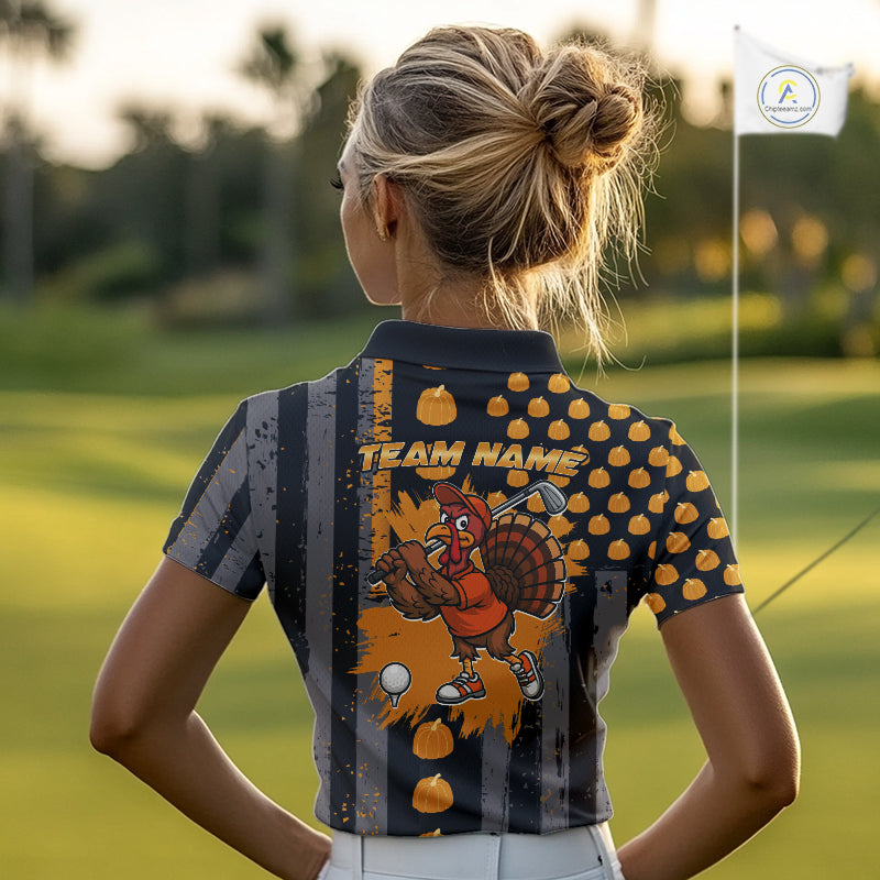 Funny Golf Polo Shirts For Women Custom Pumpkin American Flag Turkey Thanksgiving golf shirt NQS10944