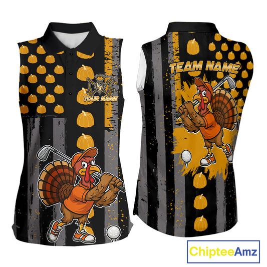 Funny Women Sleeveless Golf Polo Shirt Custom Pumpkin American Flag Turkey Thanksgiving golf shirt NQS10944