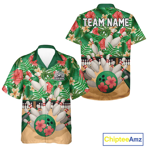 Green tropical flower Bowling Hawaiian Shirt Custom button up bowling team shirt NQS10945