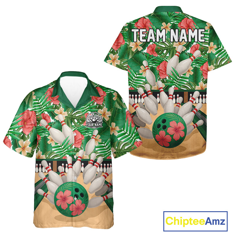 Green tropical flower Bowling Hawaiian Shirt Custom button up bowling team shirt NQS10945