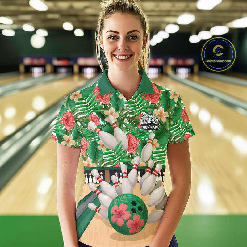 Green tropical flower Bowling Polo, Quarter Zip Shirts For Women Custom bowling team jersey NQS10945