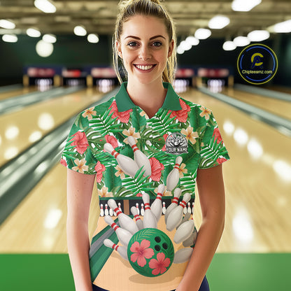 Green tropical flower Bowling Polo, Quarter Zip Shirts For Women Custom bowling team jersey NQS10945