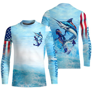 Marlin fishing blue water anchor compass American flag custom patriotic long sleeve Fishing jerseys NQS6901