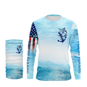 Marlin fishing blue water anchor compass American flag custom patriotic long sleeve Fishing jerseys NQS6901