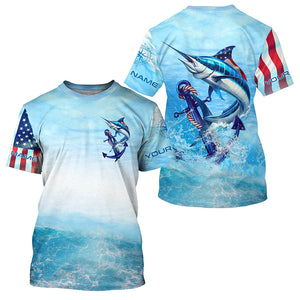 Marlin fishing blue water anchor compass American flag custom patriotic long sleeve Fishing jerseys NQS6901